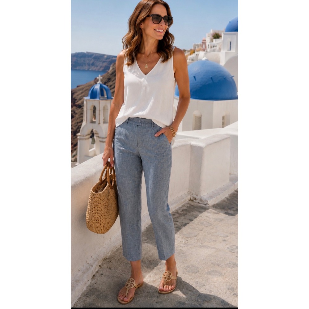 Ann Taylor Blue Heathered Linen Blend‎ Flat Front Tapered Cuffed Pants Size 12